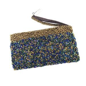 Pinkhouse Womens Bag Beaded Clutch Wristlet Indonesia Blue Green Gold Handmade